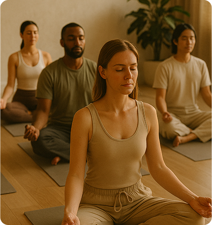 Group yoga practice in a bright wellness space